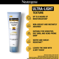 Neutrogena Ultra Sheer Sunscreen SPF 50+ | Broad Spectrum UVA/UVB | Blue light protect | No White Cast | Water resistant, Ultra light & Non sticky | Oily, Dry & Sensitive Skin | 30 g (Pack of 1)