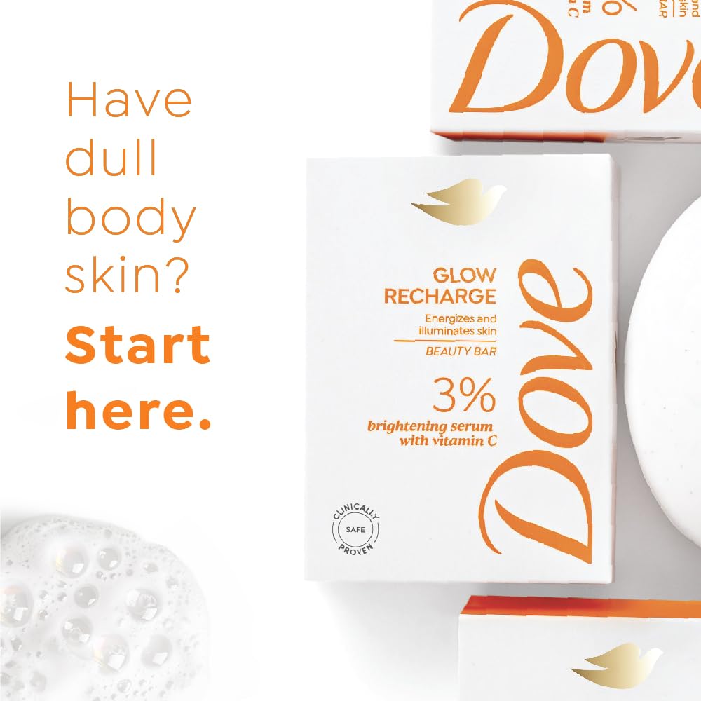 Dove Glow Recharge Serum Beauty Bar | 3% Brightening serum + Vit C | Energizes & Illuminates skin | Paraben & SLS free | 375g (125g x 3)