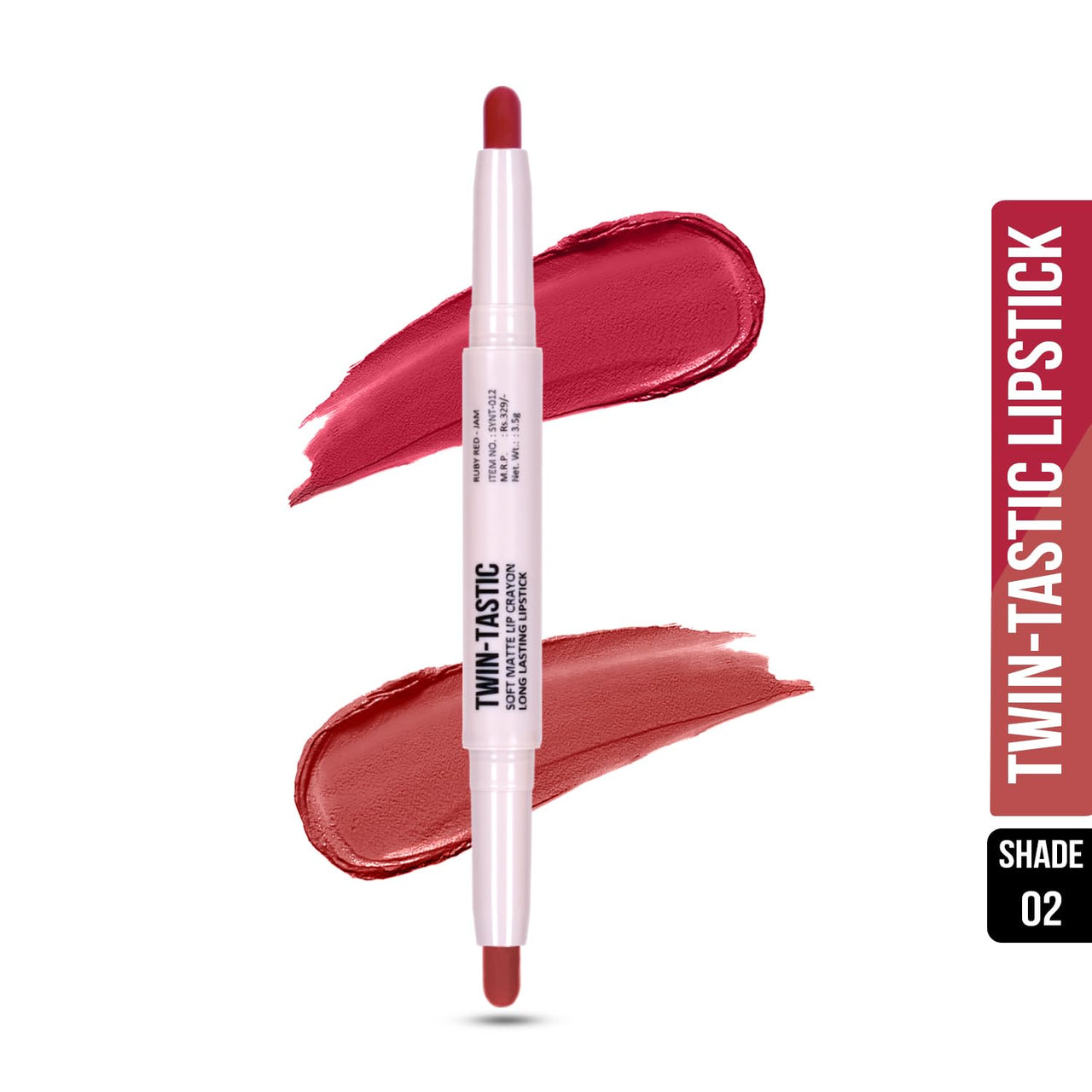 Shryoan 2-in-1 Twin-Tastic Lipstick | Soft Lip| Matte| Crayon | Long Lasting, Waterproof |Highly Pigmented Lipstick | Pack of 1 (Ruby Red)