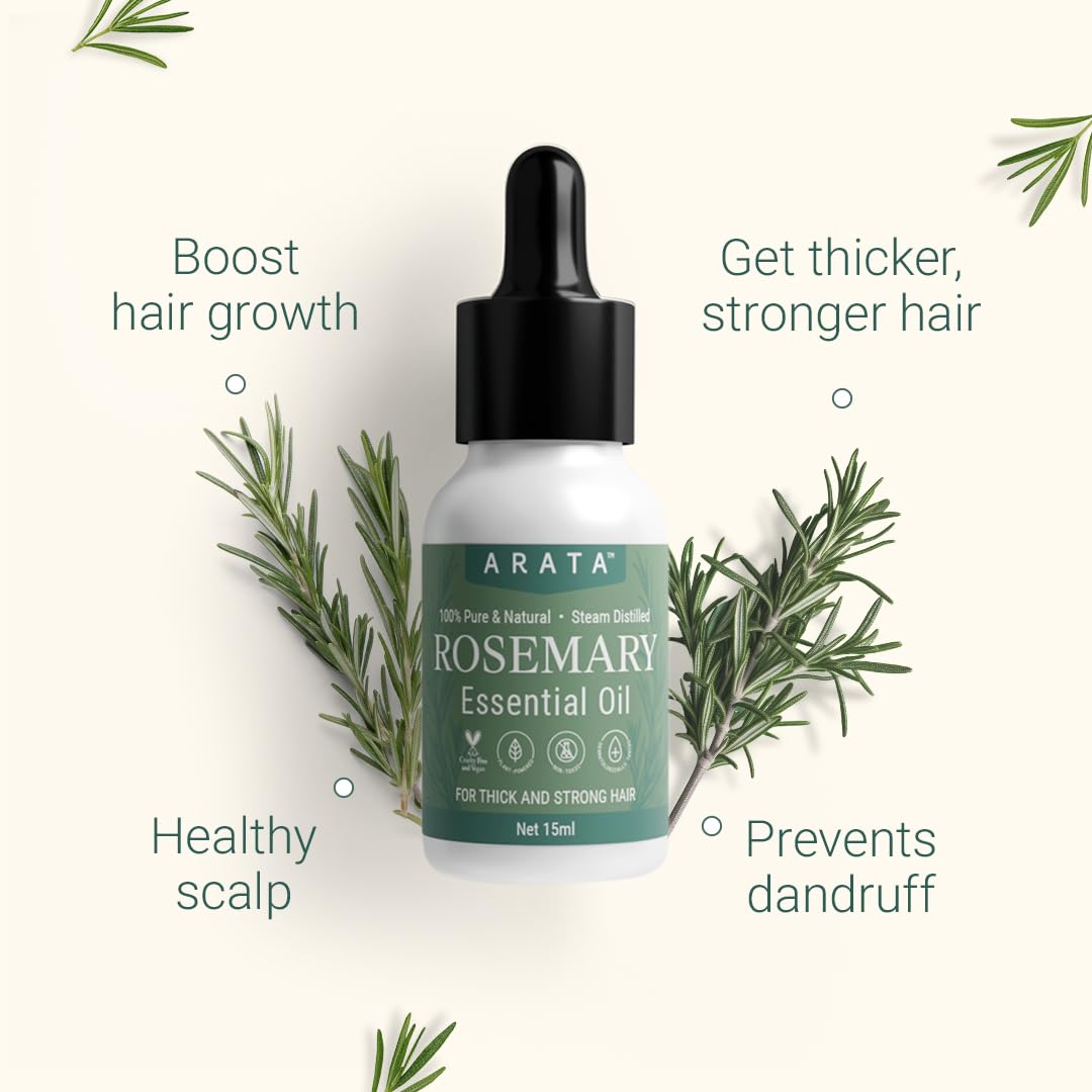 Arata Undiluted Rosemary Essential Oil For Hair Growth, Hair Fall Control & Nourishment | 100% Natural and Pure Blend | Strengthens Hair & Balances Scalp | 15ML