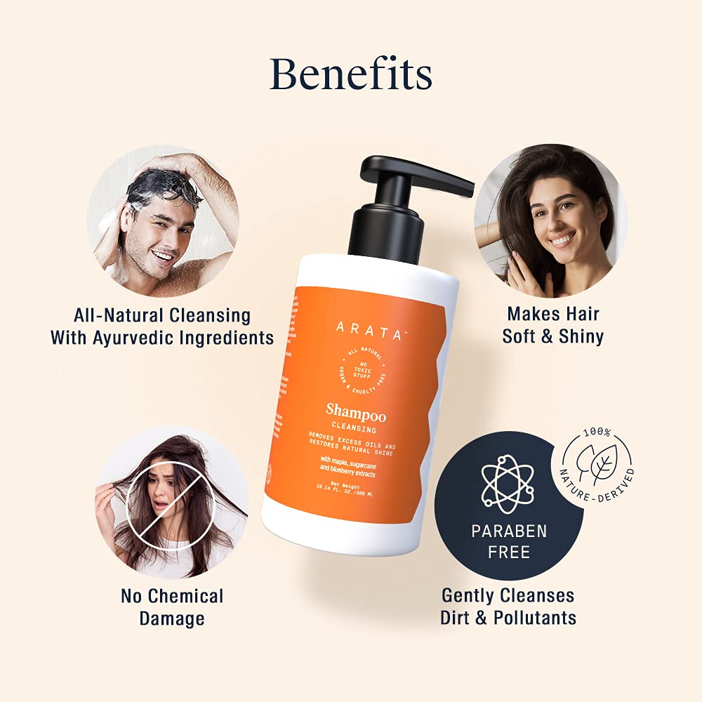 Arata Natural Oil Control Cleansing Shampoo With Maple, Sugarcane & Blueberry Extracts For Women & Men | All-Natural, Vegan & Cruelty-Free, 300 ML