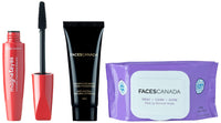 FACESCANADA Makeup Set: Magneteyes Dramatic Volumizing Mascara Black, Weightless Matte Finish Foundation Mini 18 ml Ivory 01, Fresh Clean Glow Makeup Remover