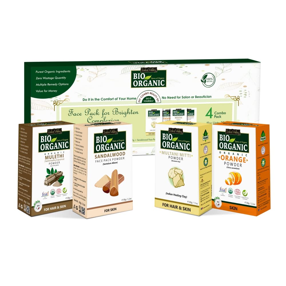 INDUS VALLEY Bio Organic Face Pack (Mulethi Powder, Sandalwood Face Pack, Orange Peel Powder and Multani Mitti Powder) Beauty Gift Set, (4 x 30 g)