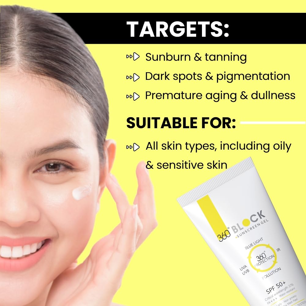 360 Block Sunscreen Gel SPF 50+ - protects from UVA, UVB, INFRA-RED RADIATION (IR), BLUE LIGHT & ATMOSPHERIC POLLUTANTS