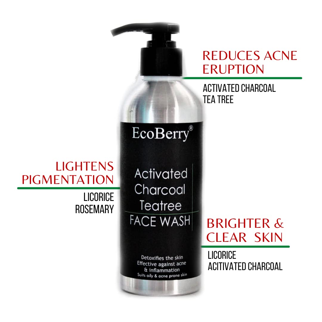 EcoBerry Activated Charcoal Teatree Face Wash | For Acne Prone, Oily Skin, Detoxifies Skin, Organic, Non Comedogenic, Paraben Free, Chemical Free, Cruelty Free, Mineral Oil Free, Preservative Free, Vegan