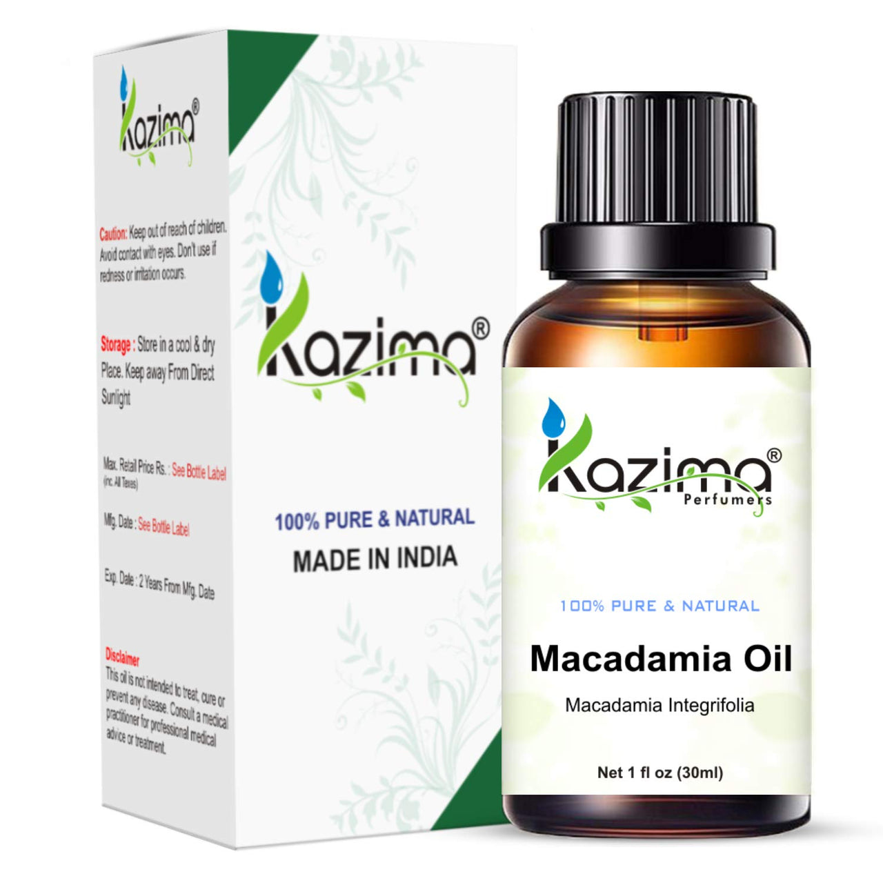 KAZIMA Macadamia Cold Pressed Carrier Oil - 100% Pure Natural & Undiluted For Skin care & Hair (30ml)
