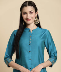 rangita Women Solid Embroidered Calf Length A Line Kurti with Sleeves Tabs