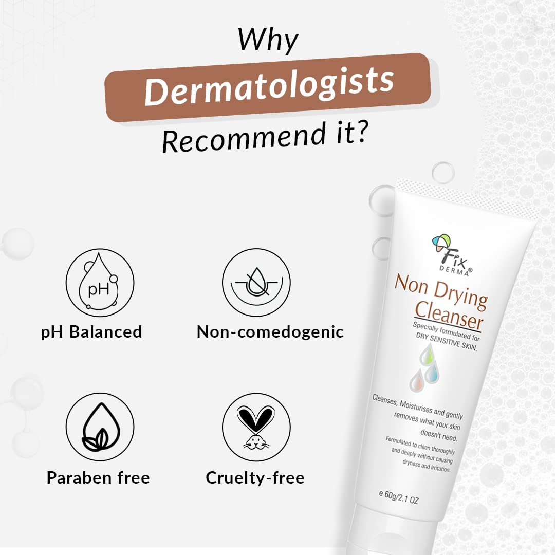 Fixderma Non Drying Cleanser, soap-free & pH Balanced cleanser, Pore-Refining, Dermatologist tested, Face Exfoliator, Non-comedogenic & Non-irritating skin cleanser - 60g