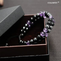 Triple Protection Bracelet for Women, Genuine Healing Crystal Bracelet Amethyst Black Obsidian Hematite 6mm, Pyramid Energy Crystal Beads Bracelet for Protection and Balance