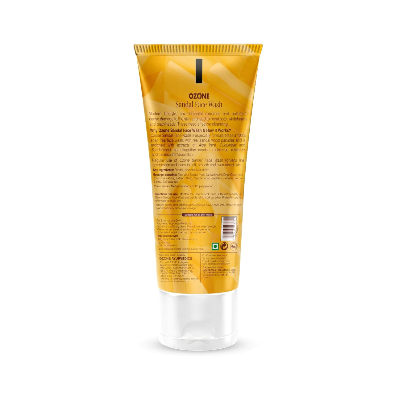 Ozone Sandal Face Wash | Enriched with Sandalwood | For All Skin Type Skin Lightening, Anti-Pollution, Cleansing, Soft, Smooth & Uneven Skin Tone | For Men & Women | 60ml (Pack of 2)