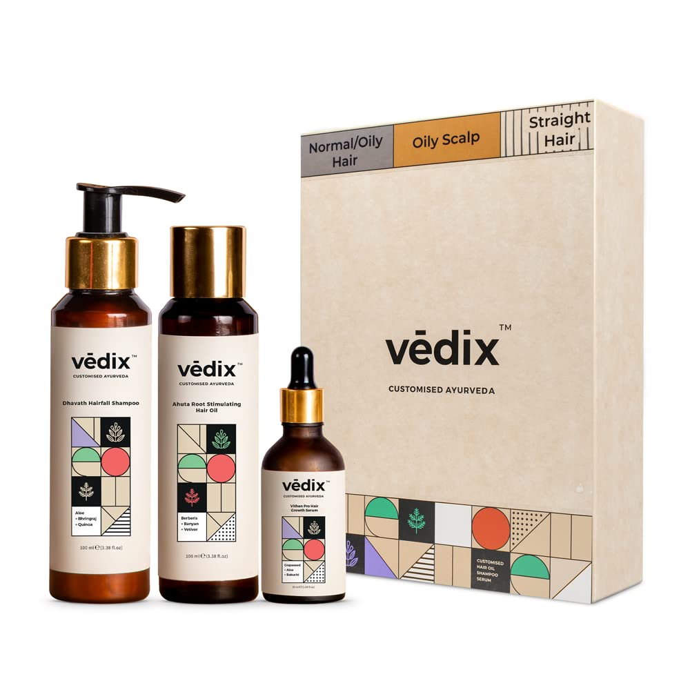 Vedix Customized Hair Fall Control Regimen For Normal/Oily Hair,Scalp & Straight Hair - 3 Product Kit - Anti Hair Fall Oil Berberis + Banyan - Anti-Hairfall Shampoo - Hair Growth Serum, 436 Grams