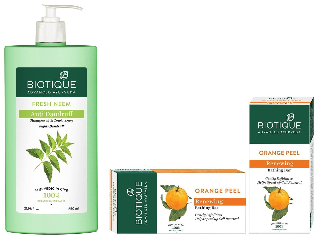 Biotique Bio Orange Peel Revitalizing Body Soap, 150g & Biotique Bio Neem Margosa Anti Dandruff Shampoo and Conditioner, 650ml