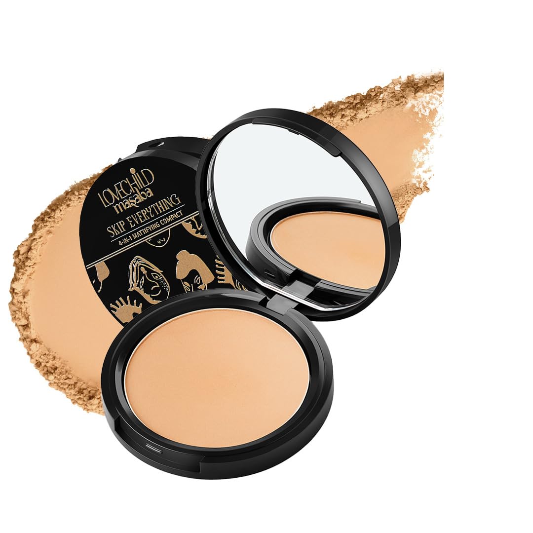 Lovechild Masaba 4-In-1 Mattifying Compact - Perfect All Skin Matte Coverage, Moisturizer, Primer & Skin Repair, With Macadamia Oil & Vitamin E, Bossy Babe (Deep) - 9G
