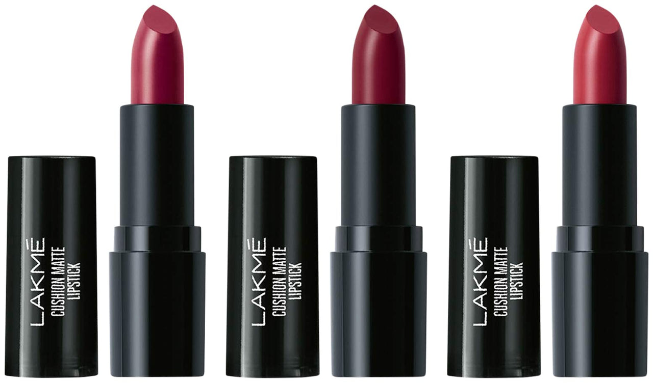 Lakmé Cushion Matte Lipstick, Burgundy Bloom, 4.5 g & Lakmé Cushion Matte Lipstick, Red Wine, 4.5 g & Lakmé Cushion Matte Lipstick, Plum Obsession, 4.5 g