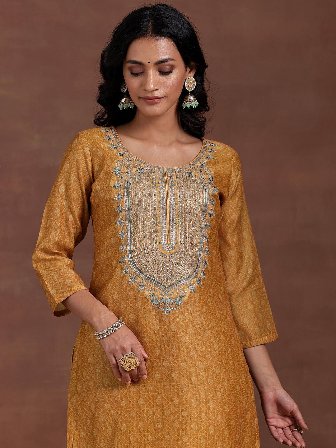 Mustard Printed Silk Blend Straight Suit with Dupatta