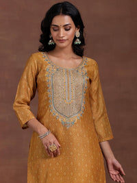 Mustard Printed Silk Blend Straight Suit with Dupatta