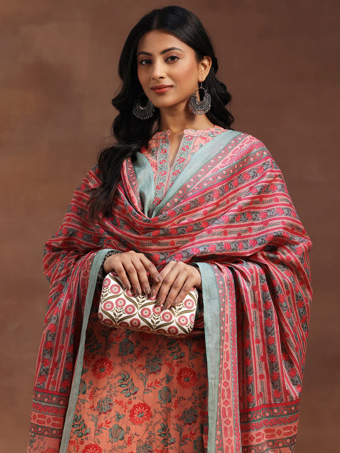 Peach Printed Cotton A-Line Kurta with Trousers & Dupatta
