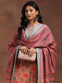 Peach Printed Cotton A-Line Kurta with Trousers & Dupatta