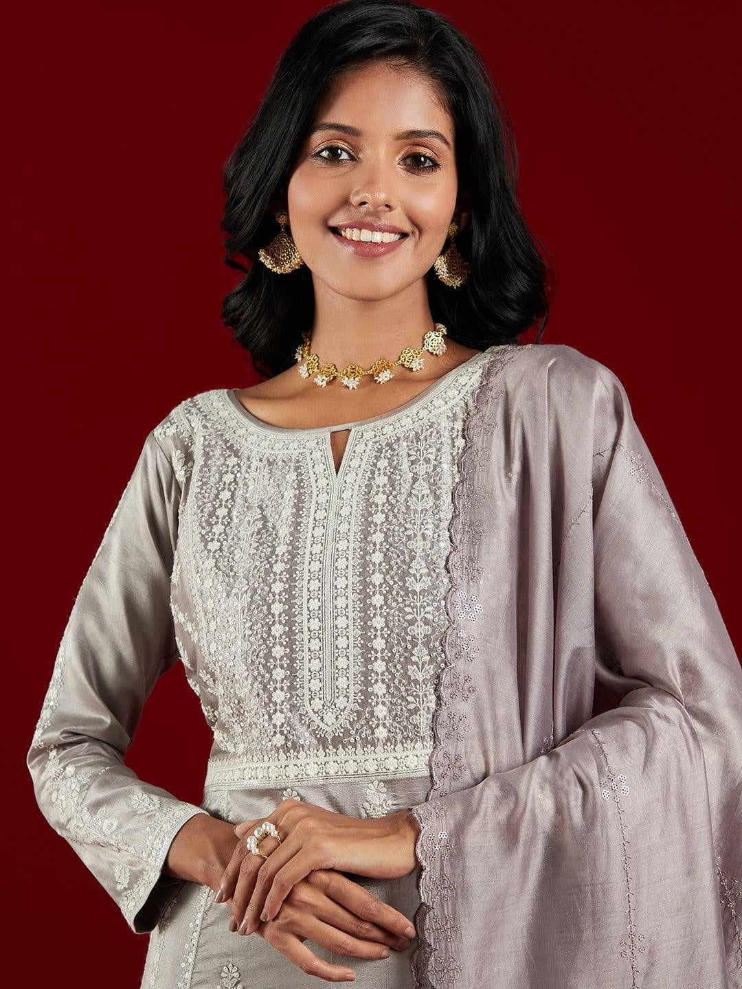 Libas Art Taupe Embroidered Silk Blend A-Line Kurta with Trousers & Dupatta