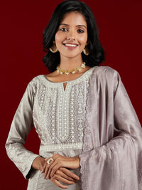 Libas Art Taupe Embroidered Silk Blend A-Line Kurta with Trousers & Dupatta