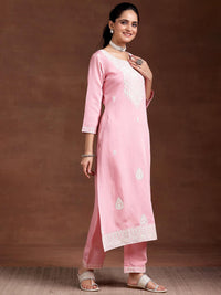 Pink Embroidered Silk Blend Straight Suit with Dupatta