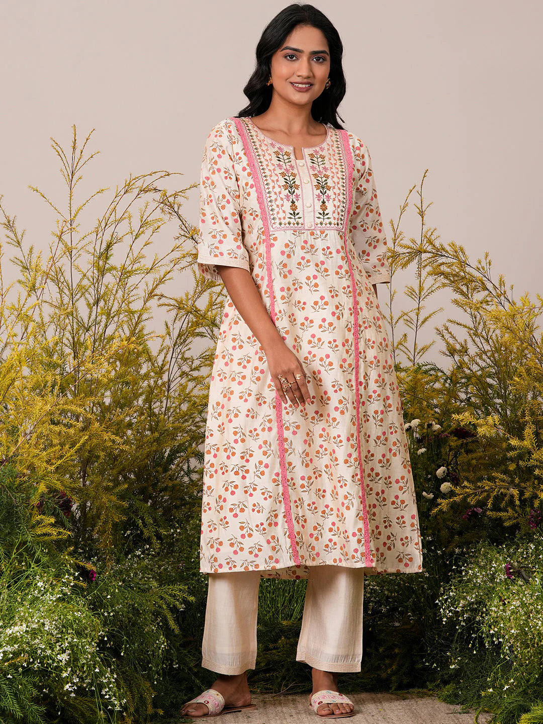 Beige Printed Chanderi Silk A-Line Kurta with Palazzos