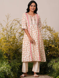 Beige Printed Chanderi Silk A-Line Kurta with Palazzos