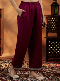 Maroon Embroidered Silk Blend Straight Suit with Dupatta
