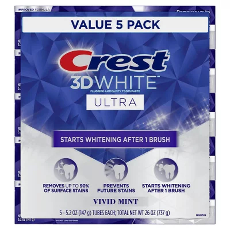 Crest 3D White Vivid Mint Ultra Whitening Toothpaste, 5.2 Oz., 5 Pk.