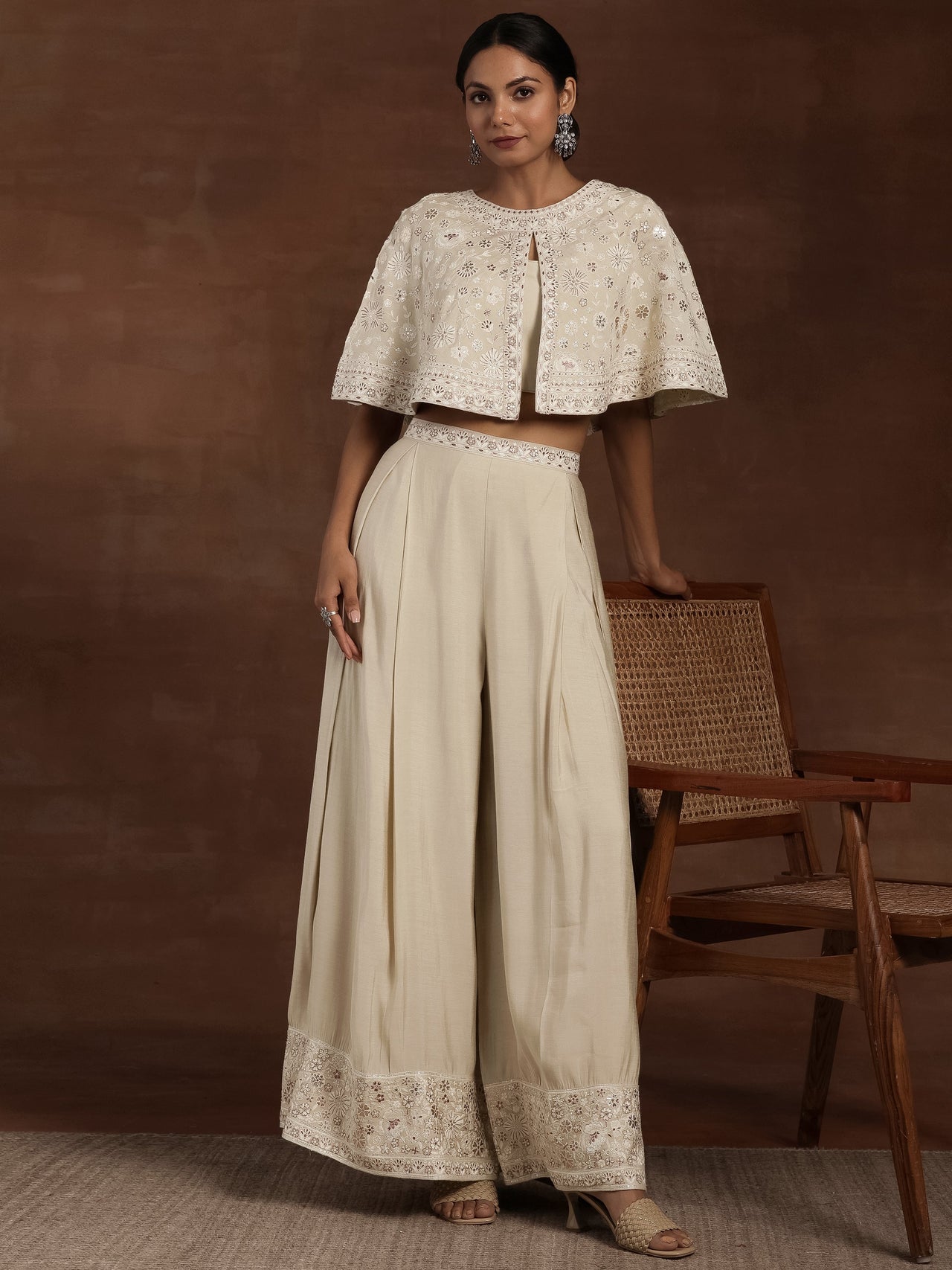 Libas Art Beige Solid Silk Blend 3 Piece Co-Ords