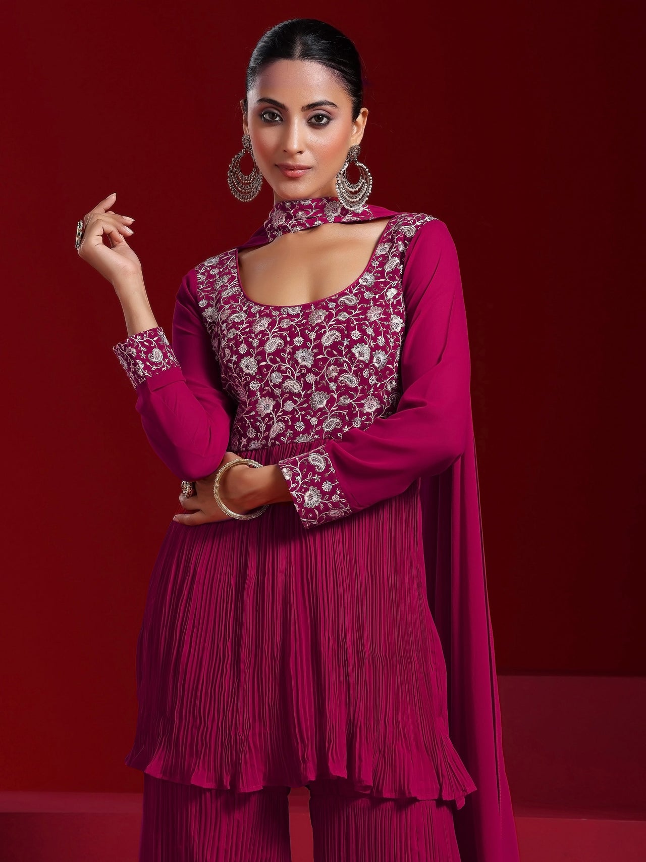 Libas Art Pink Embroidered Georgette A-Line Kurta with Sharara & Dupatta
