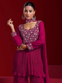Libas Art Pink Embroidered Georgette A-Line Kurta with Sharara & Dupatta
