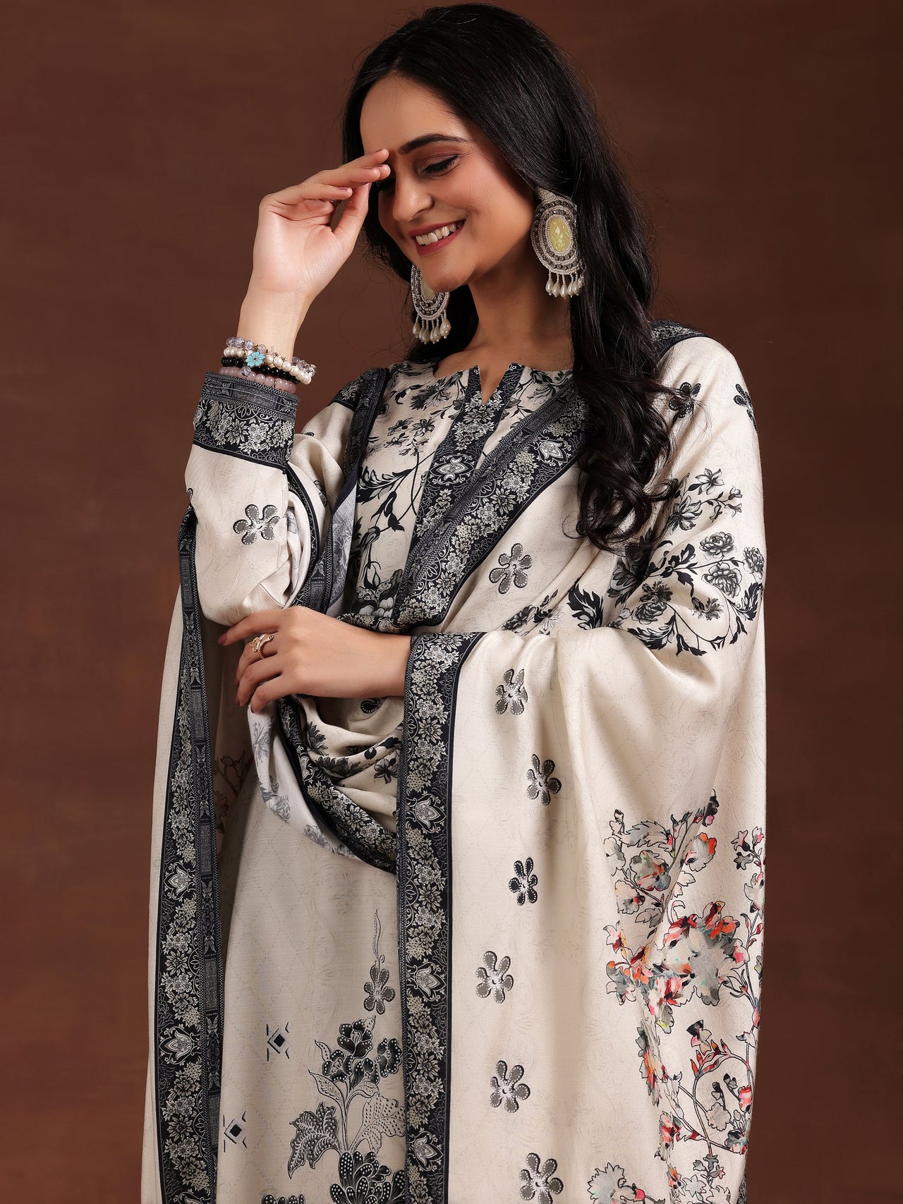 Monochrome Printed Silk Blend Straight Suit with Dupatta