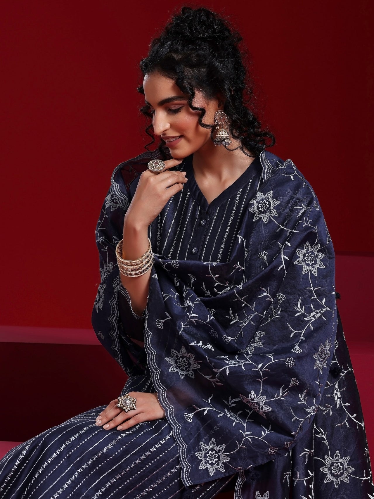 Libas Art Blue Embroidered Chanderi Silk Straight Suit with Dupatta