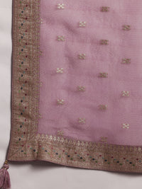 Mauve Woven Design Silk Blend Straight Kurta with Trousers & Dupatta