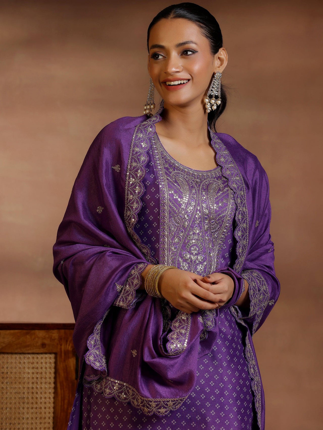 Purple Printed Silk Blend Straight Suit with Dupatta