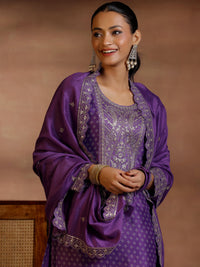 Purple Printed Silk Blend Straight Suit with Dupatta
