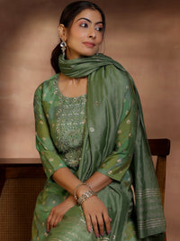 Green Printed Silk Blend Straight Suit with Dupatta