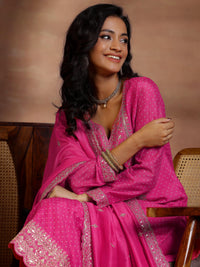 Pink Printed Silk Blend Straight Suit with Dupatta