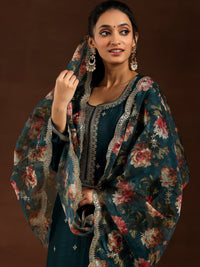 Teal Embroidered Silk Blend Straight Suit with Dupatta