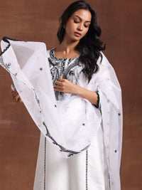 White Embroidered Silk Blend Straight Suit with Dupatta