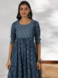 Blue Printed Silk Blend A-Line Kurta with Trousers & Dupatta