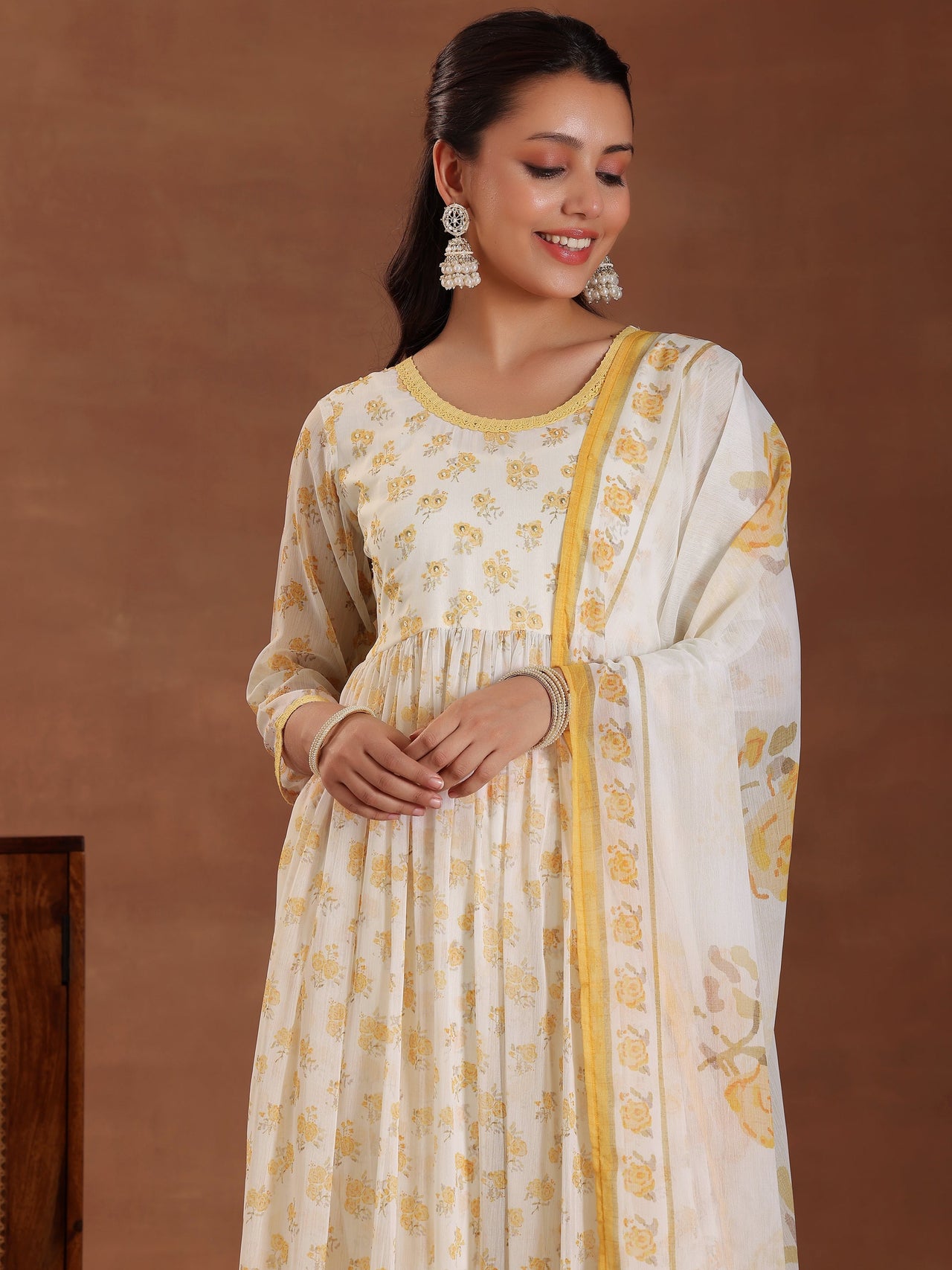 Off White Printed Poly Chiffon A-Line Kurta with Trousers & Dupatta