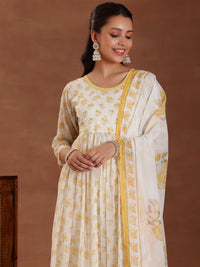 Off White Printed Poly Chiffon A-Line Kurta with Trousers & Dupatta
