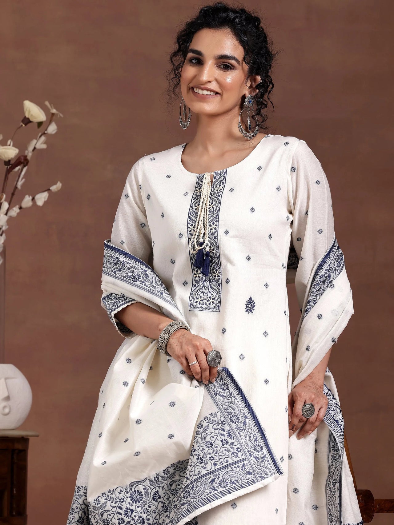 Off White Woven Design Chanderi Silk Straight Suit with Dupatta