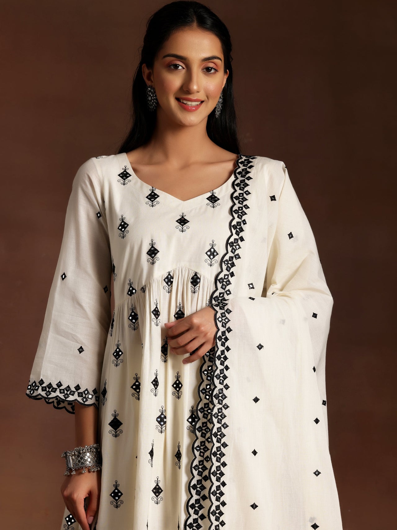 Off White Embroidered Cotton Anarkali Suit with Dupatta