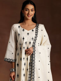 Off White Embroidered Cotton Anarkali Suit with Dupatta