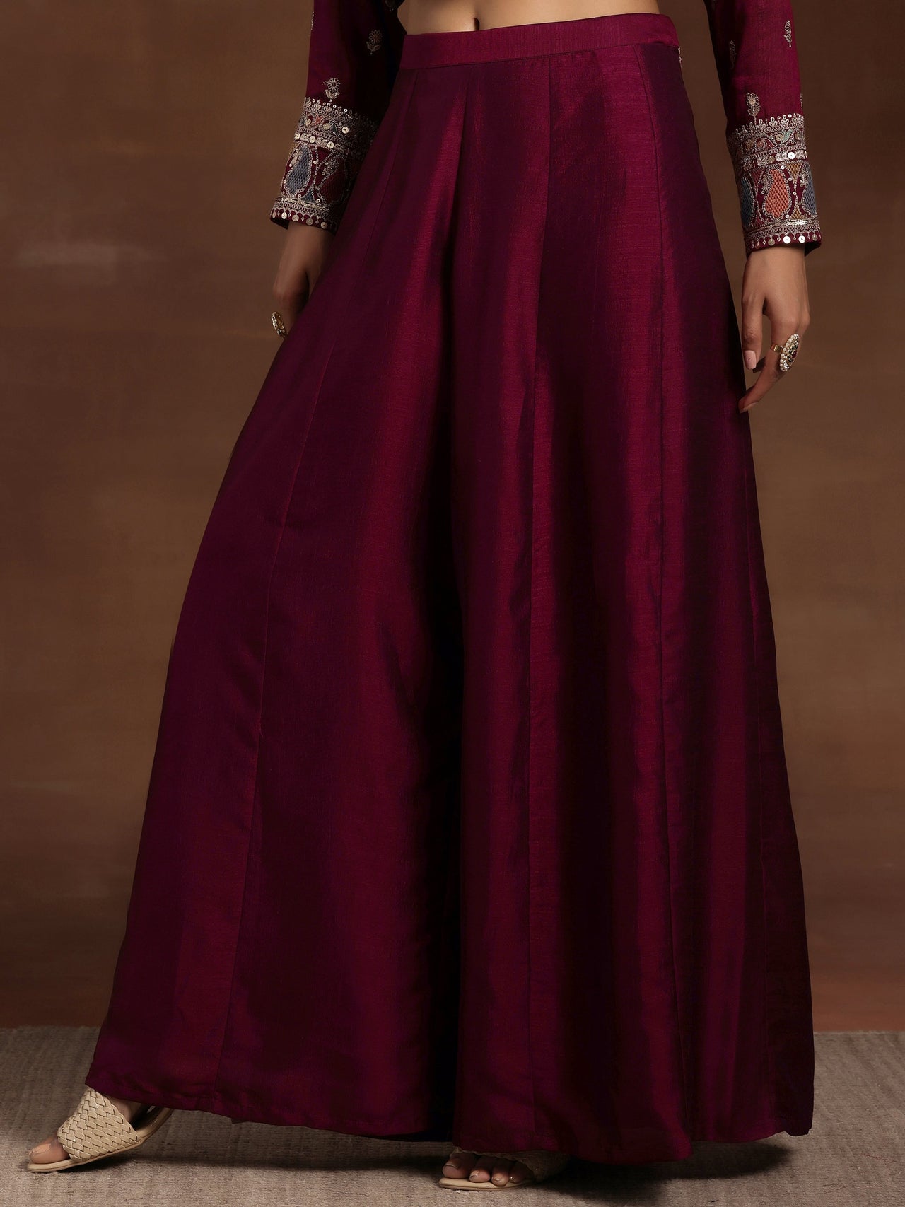 Adaa Wine Embroidered Silk Blend Straight Kurta with Palazzos & Dupatta