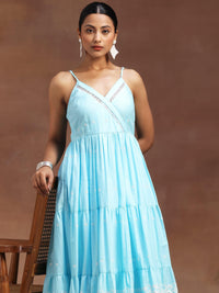 The Kiara Cut Blue Self Design Cotton Anarkali Kurta with Trousers