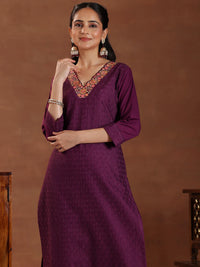 Wine Embroidered Cotton Straight Suit with Dupatta